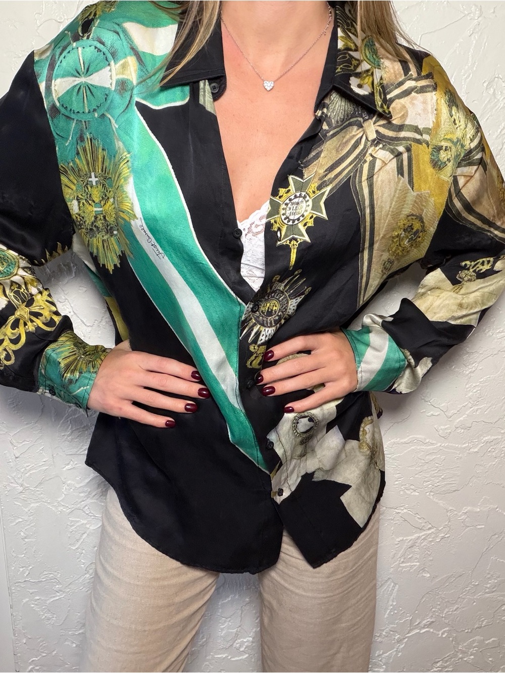 Just Cavalli Black Satin Button-Down Shirt with Green and Gold Accents